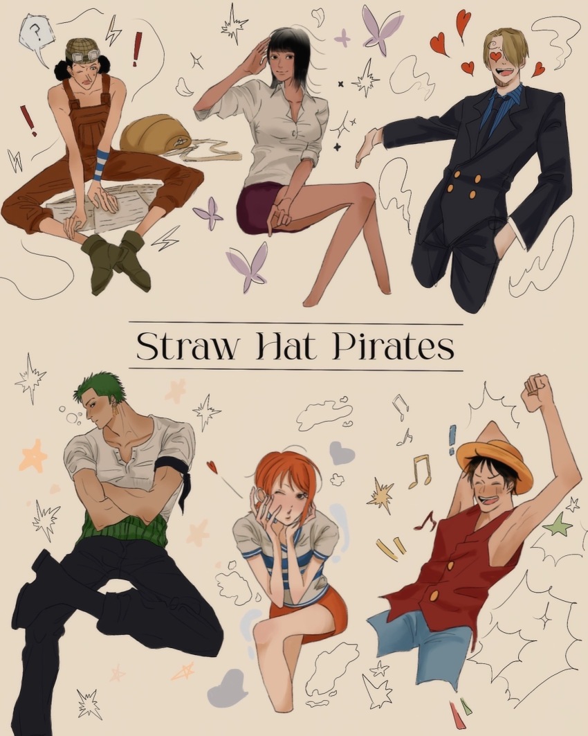 2girls 4boys ^_^ black_hair black_suit blonde_hair blue_shirt blue_shorts boots brown_overalls bug butterfly closed_eyes commentary crossed_arms formal_clothes green_hair hair_over_one_eye hand_in_pocket haramaki hat heart highres insect invisible_chair long_nose medium_hair monkey_d._luffy multiple_boys multiple_girls musical_note nami_(one_piece) nami_(one_piece)_(east_blue) nico_robin one_eye_closed one_piece orange_hair orange_skirt overalls papers red_shirt rihirihi613 roronoa_zoro sanji_(one_piece) shirt short_hair shorts sitting skirt smile smoke straw_hat straw_hat_pirates striped_clothes striped_shirt suit usopp vertical-striped_clothes vertical-striped_shirt white_shirt