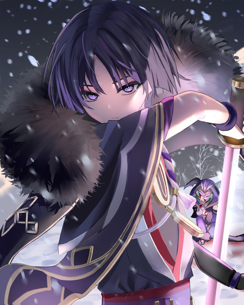 1boy 1girl 8hj_xtt animal_ear_hood arm_at_side armor bare_tree black_kimono black_mask black_sky black_sleeves blood blood_from_mouth blood_on_clothes blood_on_face blood_on_hands blunt_ends bright_pupils cicin_mage_(genshin_impact) closed_mouth coat coat_on_shoulders crystal electro_cicin_mage_(genshin_impact) eyeliner eyeshadow fake_animal_ears fatui_coat fur-trimmed_coat fur_collar fur_trim furisode genshin_impact glaring gold_trim green_hair half_mask han&#039;eri hand_up highres holding holding_sword holding_weapon hood hooded_coat japanese_armor japanese_clothes kimono kneeling kote kurokote layered_kimono long_sleeves looking_at_another looking_at_viewer makeup mask purple_coat purple_eyes purple_hair purple_hood purple_rope purple_sash purple_sleeves red_eyeliner red_eyeshadow red_kimono red_sash ringed_eyes rope sash scaramouche_(genshin_impact) shimenawa short_hair sky snow sword tassel tree tsurime weapon white_kimono white_pupils white_rope