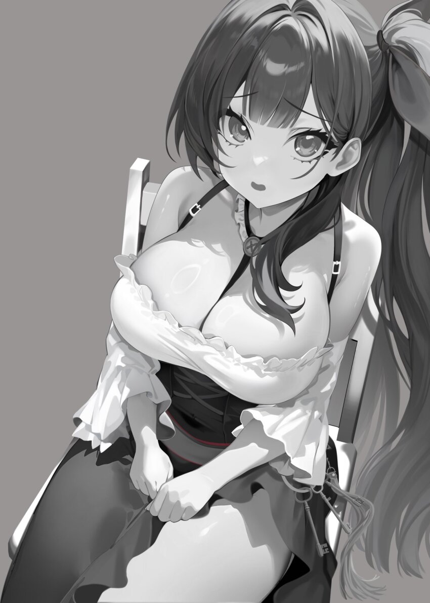 1girl alice_vu asymmetrical_skirt azur_lane bare_shoulders barmaid bell_(azur_lane) bell_(saloon_mishaps)_(azur_lane) between_breasts blush breasts chair cleavage detached_sleeves frills from_above greyscale hair_ribbon highres key keyring large_breasts long_hair looking_at_viewer monochrome official_alternate_costume on_chair open_mouth ribbon side_ponytail sitting solo strap very_long_hair wide_sleeves