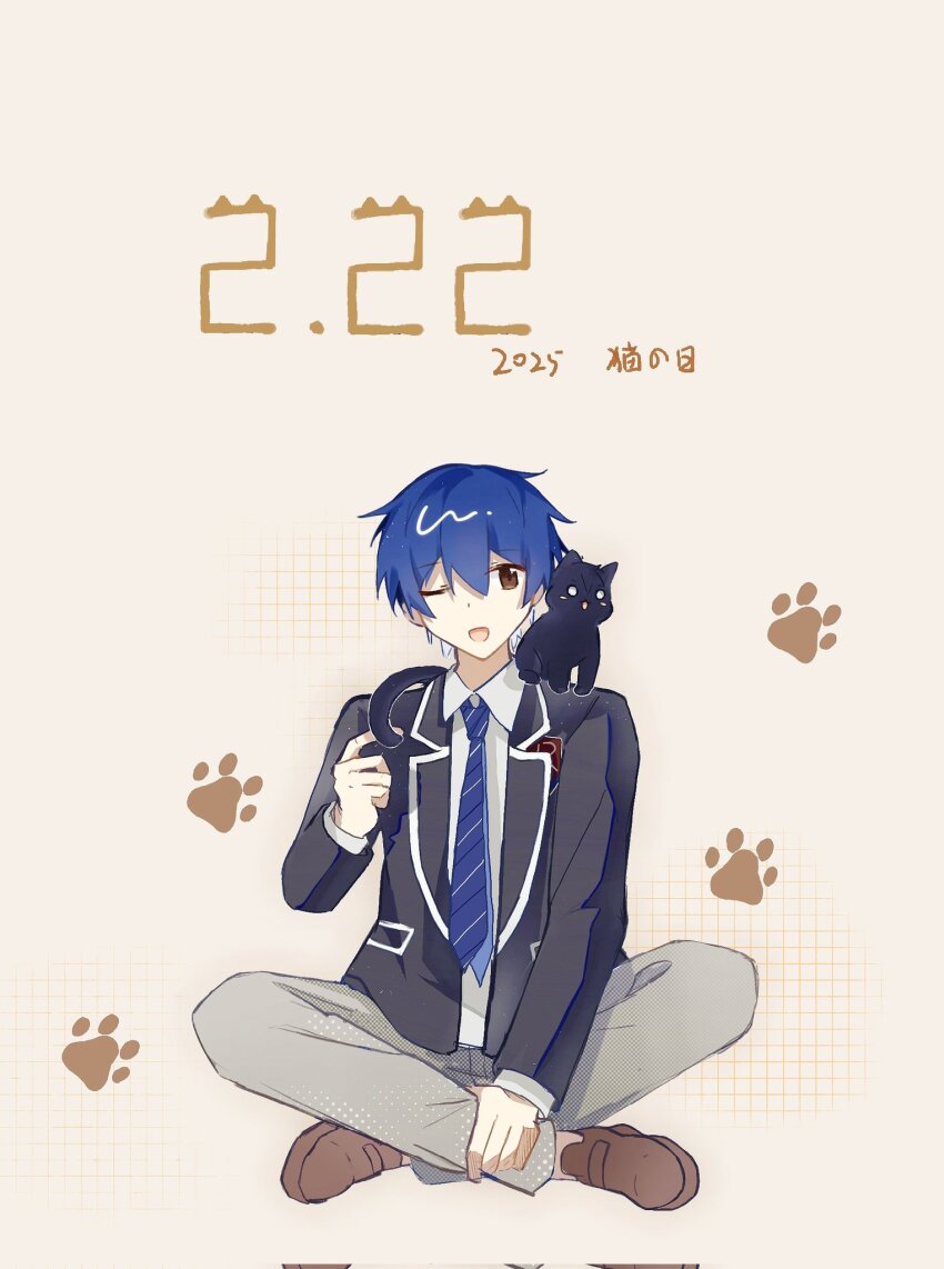 1boy black_jacket blazer blue_hair blue_necktie brown_shoes cat date_a_live highres indian_style itsuka_shidou jacket long_sleeves n.(pl) necktie one_eye_closed open_clothes open_jacket open_mouth pants pen_tzbzm raizen_high_school_uniform school_uniform shirt shoes short_hair sitting white_shirt