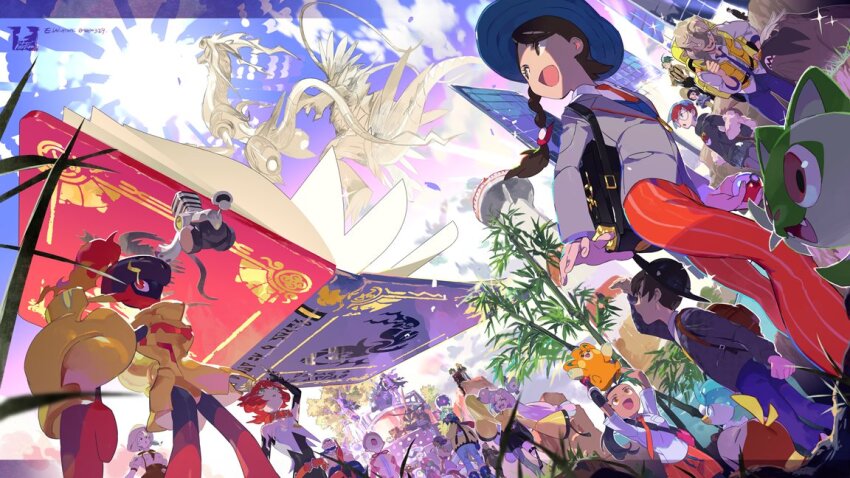 6+boys 6+girls :d arm_up armarouge arven_(pokemon) atticus_(pokemon) backpack bag belt black_bag black_bodysuit black_hair black_headwear blue_headwear blue_vest bodysuit book boots braid brassius_(pokemon) breast_pocket brown_bag brown_hair collar commentary_request e_volution eri_(pokemon) facial_hair florian_(pokemon) from_below fuecoco glasses gloves green_hair grey_jacket grusha_(pokemon) hassel_(pokemon) hat holding holding_poke_ball holding_pokemon iono_(pokemon) jacket juliana_(pokemon) katy_(pokemon) kofu_(pokemon) koraidon larry_(pokemon) long_hair looking_up mela_(pokemon) miraidon multiple_boys multiple_girls necktie nemona_(pokemon) nintendo open_clothes open_mouth open_vest orange_belt orange_collar orange_necktie orange_pants orange_shorts ortega_(pokemon) outdoors pants pawmi penny_(pokemon) pocket poke_ball poke_ball_(basic) pokemon pokemon_(creature) pokemon_sv ponytail poppy_(pokemon) quaxly red_hair revavroom rika_(pokemon) round_eyewear ryme_(pokemon) short_sleeves shorts single_glove smile sprigatito tongue tulip_(pokemon) vest yellow_jacket yellow_vest