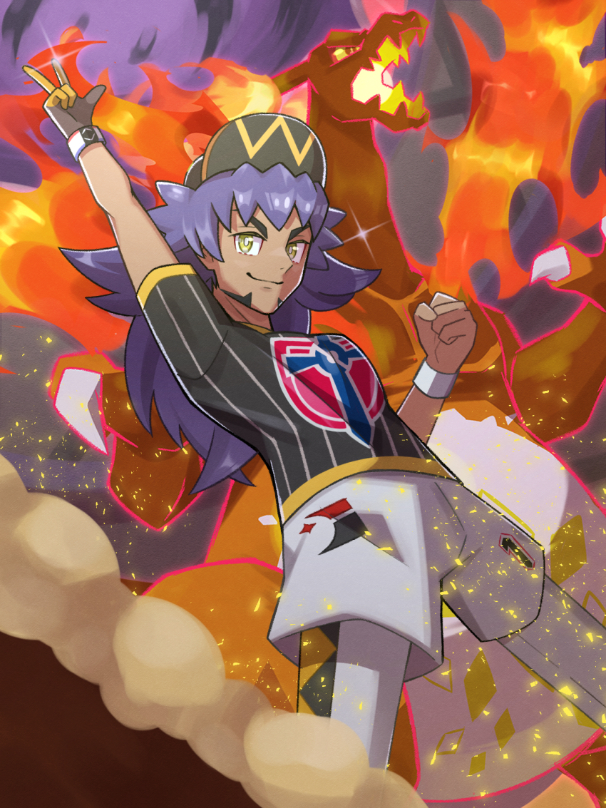 1boy baseball_cap champion_uniform charizard charizard_pose claws colored_sclera dark-skinned_male dark_skin dynamax_band facial_hair gen_1_pokemon gigantamax gigantamax_charizard hat highres inana_umi leon_(pokemon) looking_at_viewer male_focus nintendo pokemon pokemon_swsh purple_hair sparkle standing wings yellow_eyes yellow_sclera