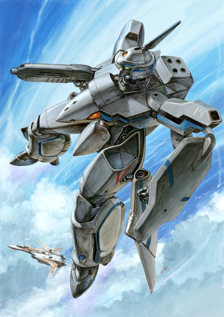 absurdres aircraft airplane arm_shield battroid blue_sky canards canopy_(aircraft) clenched_hand cloud cloudy_sky commentary_request day fighter_jet finger_on_trigger flying full_body green_eyes gun gunpod highres holding holding_gun holding_weapon legs_apart machinery macross macross_plus mecha mecha_focus military_vehicle no_humans outdoors painting_(medium) realistic robot roundel scan science_fiction shield signature sky traditional_media u.n._spacy variable_fighter watercolor_(medium) weapon yf-19 youkoumori