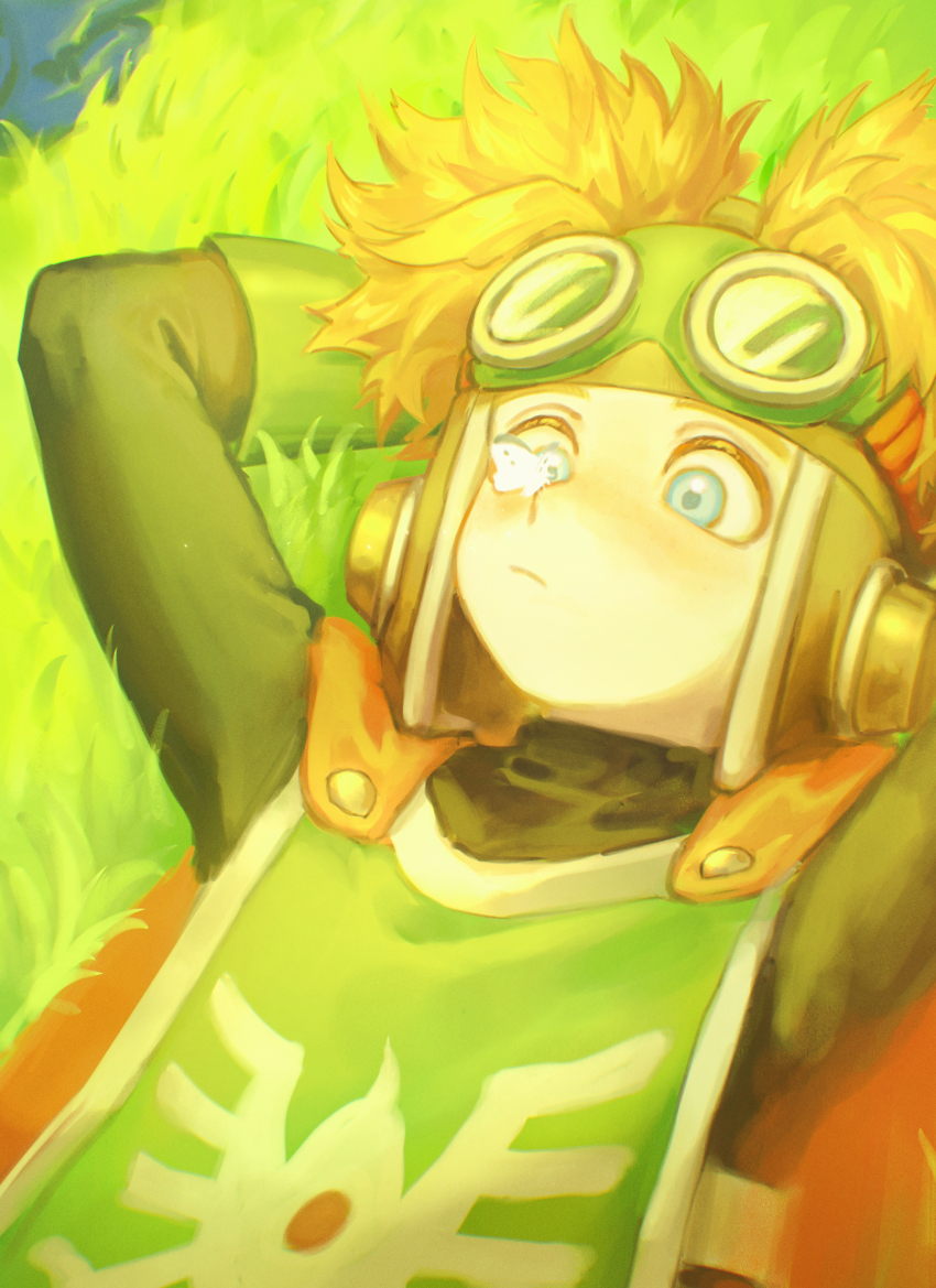 1boy absurdres arms_behind_head black_bodysuit blue_eyes bodysuit bug butterfly butterfly_on_nose cape commentary_request dragon_quest dragon_quest_ii goggles goggles_on_headwear green_tabard highres insect looking_at_animal lying male_focus nogo_(nogo_059) on_back on_grass orange_cape orange_hair prince_of_samantoria roto&#039;s_emblem short_hair solo tabard upper_body white_trim