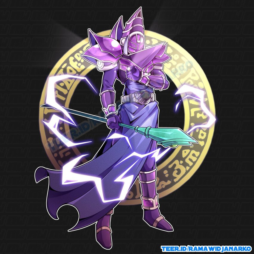 1boy armor artist_name black_background cosplay dark_magician dark_magician_(cosplay) duel_monster full_body helmet highres holding holding_staff kamen_rider kamen_rider_wizard kamen_rider_wizard_(series) male_focus purple_armor purple_helmet ramawidjanarko2 rider_belt solo staff wizardriver yu-gi-oh!