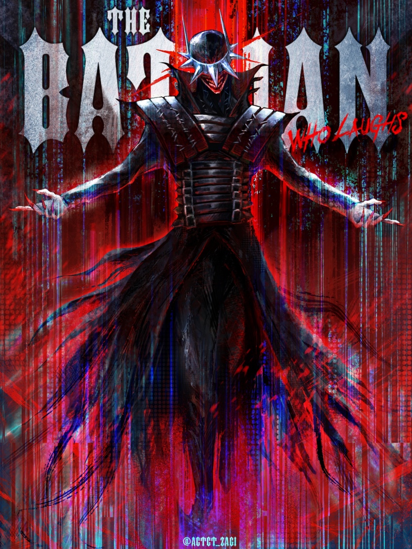 1boy batman_(series) black_coat character_name coat commentary_request covered_eyes dc_comics evil_grin evil_smile facing_viewer fingernails grin head_tilt highres long_fingernails long_sleeves male_focus outstretched_arms red_nails sharp_fingernails smile spiked_mask spikes spread_arms standing the_batman_who_laughs zagizagi