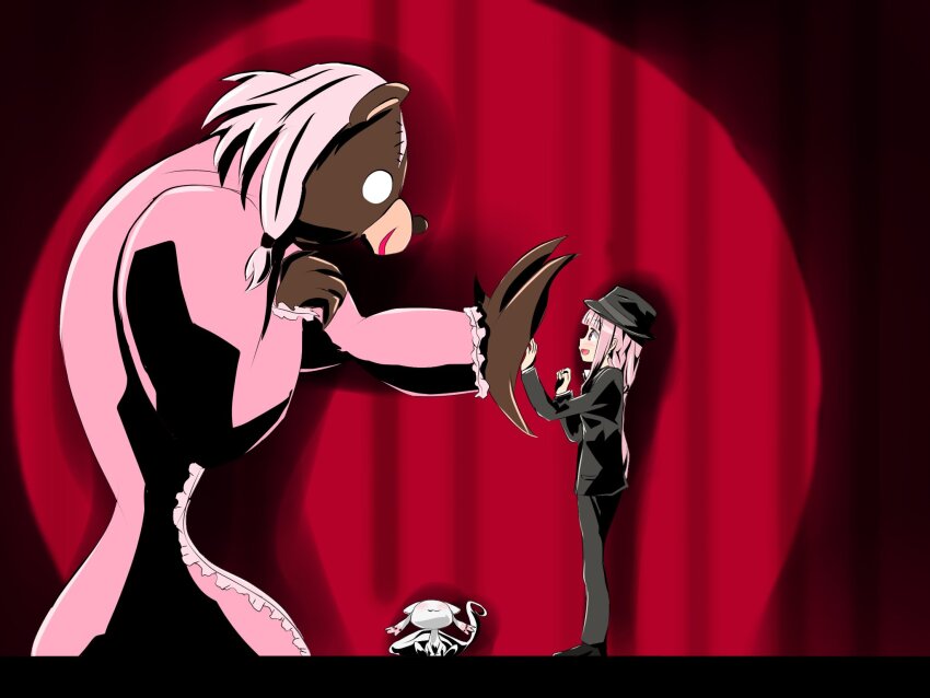 alternate_costume bear_claws black_hat black_pants black_shirt black_suit dress formal_clothes from_side hand_to_hand hands_up hat highres kekkai_sensen long_hair looking_at_another magia_record:_mahou_shoujo_madoka_magica_gaiden mahou_shoujo_madoka_magica pants parody pink_dress pink_hair red_curtains rurushu_ki_san shirt small_kyubey smile stage stuffed_animal stuffed_toy sugar_song_and_bitter_step suit tamaki_iroha tamaki_ui teddy_bear
