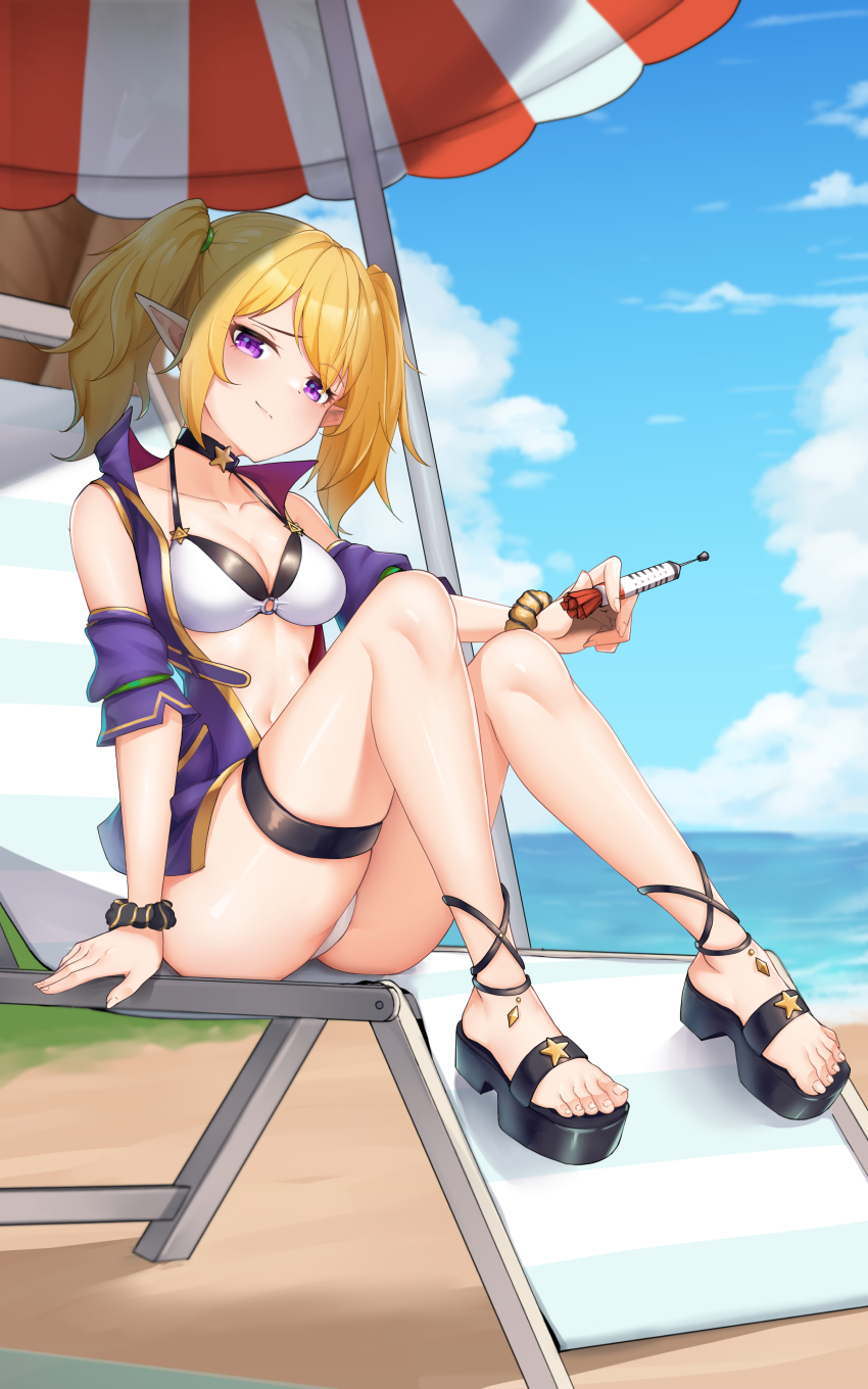 absurdres beach beach_chair beach_umbrella bikini black_choker blonde_hair breasts chloe_(princess_connect!) choker cloud cloudy_sky dart elf full_body high_heel_sandals highres jacket jacket_over_swimsuit kamikili medium_breasts ocean outdoors pointy_ears princess_connect! purple_eyes sandals scrunchie sitting sky star_(symbol) star_choker swimsuit thigh_strap twintails umbrella under_umbrella white_bikini wrist_scrunchie