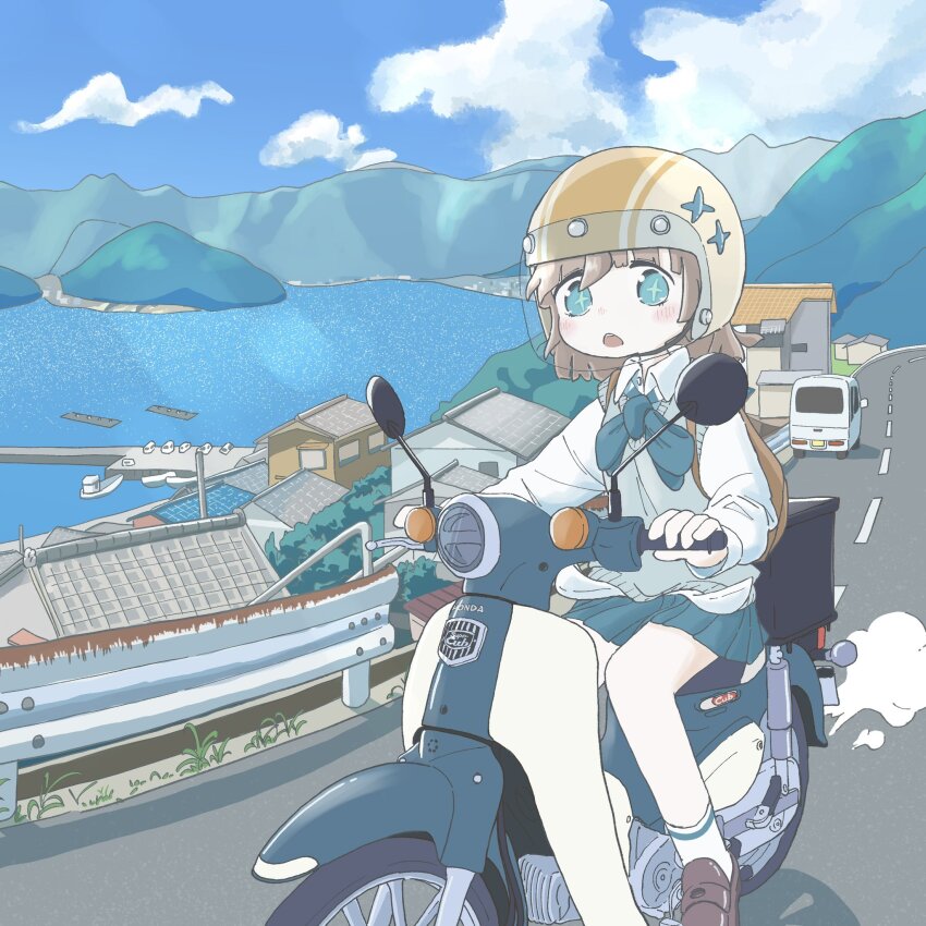 +_+ 1girl aqua_bow aqua_bowtie aqua_skirt backpack bag blue_sky blush boat bow bowtie brown_hair brown_shoes building cloud collared_shirt commission day dock exhaust face_shield green_eyes green_sweater_vest helmet highres honda honda_super_cub house looking_at_viewer motor_vehicle new_amool open_mouth original outdoors riding road rooftop scooter shirt shoes shore skeb_commission skirt sky socks solo sweater_vest traffic_barrier van water watercraft