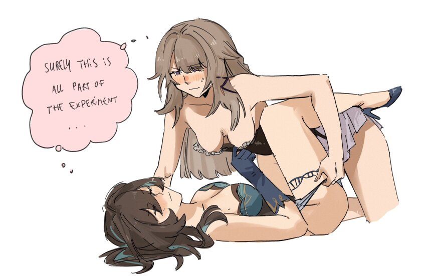 2girls blue_dress blue_gloves blue_hair blue_shoes blush breasts brown_hair cleavage closed_mouth commentary dress elbow_gloves english_commentary english_text gloves herta_(honkai:_star_rail) high_heels highres honkai:_star_rail honkai_(series) long_hair medium_breasts multicolored_hair multiple_girls panties panty_pull purple_eyes ruan_mei_(honkai:_star_rail) shoes simple_background speech_bubble streaked_hair sweatdrop the_herta_(honkai:_star_rail) thought_bubble underwear white_background youmayb_onmymin yuri