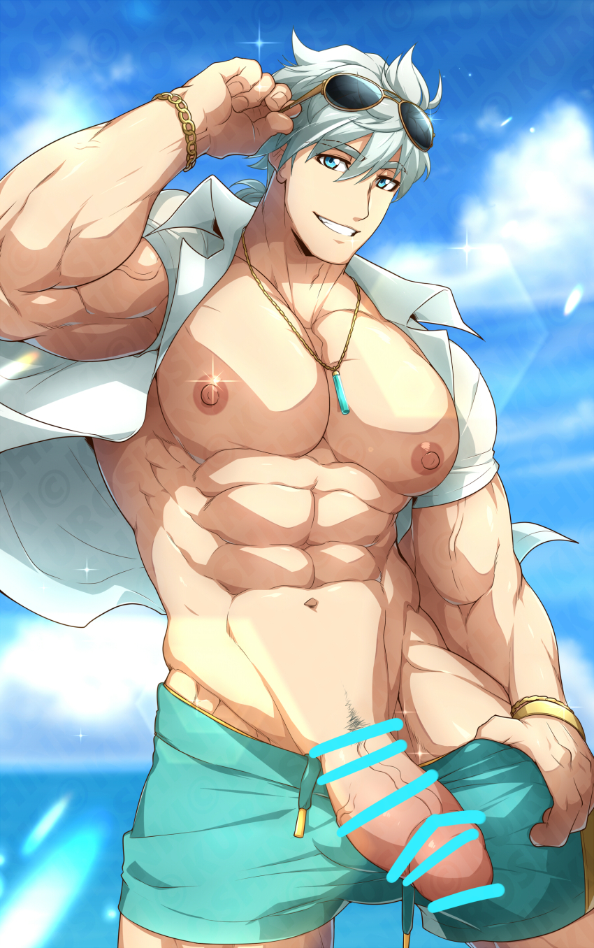 1boy abs absurdres aqua_male_swimwear bar_censor bara bracelet censored collared_shirt erection eyewear_on_head fate/grand_order fate_(series) highres jewelry kuroshinki large_pectorals male_focus male_swimwear muscular muscular_male navel necklace nipples open_clothes open_shirt paid_reward_available pectorals penis percival_(fate) percival_(summer_knight_outfit)_(fate) shirt short_hair solo sunglasses white_hair white_shirt