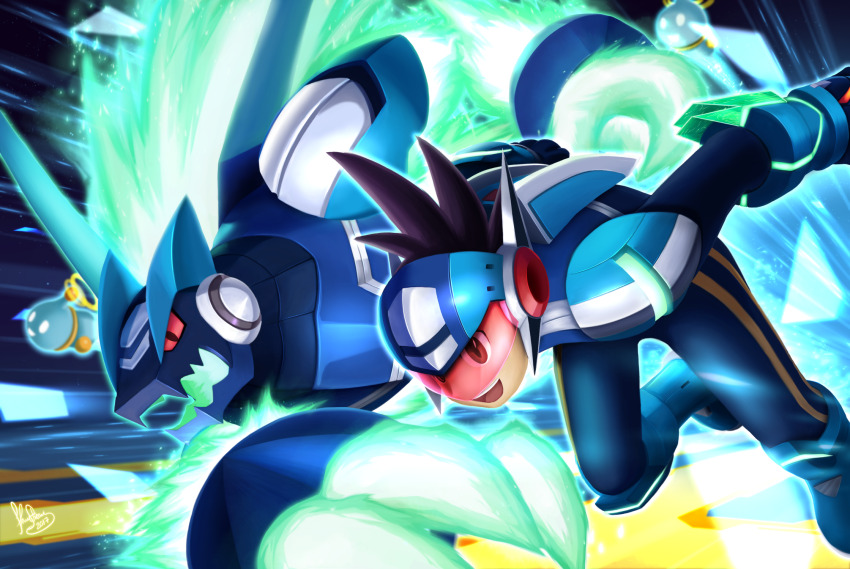 2boys arm_cannon blue_bodysuit blue_footwear blue_helmet bodysuit boots brown_hair colored_sclera dashing em_being_(mega_man) flamestream helmet highres male_focus mega_man_(series) mega_man_star_force_(series) mohawk multiple_boys omega-xis_(mega_man) open_mouth red_sclera red_visor running short_hair shoulder_pads smile spiked_hair star_force_mega_man weapon