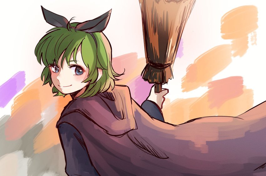 1girl animal_ears bat_ears blue_eyes broom cape closed_mouth fake_animal_ears female_focus fire_emblem fire_emblem:_the_blazing_blade fire_emblem_heroes green_hair highres holding holding_broom hoshigaki_(hsa16g) nino_(fire_emblem) nintendo short_hair smile solo