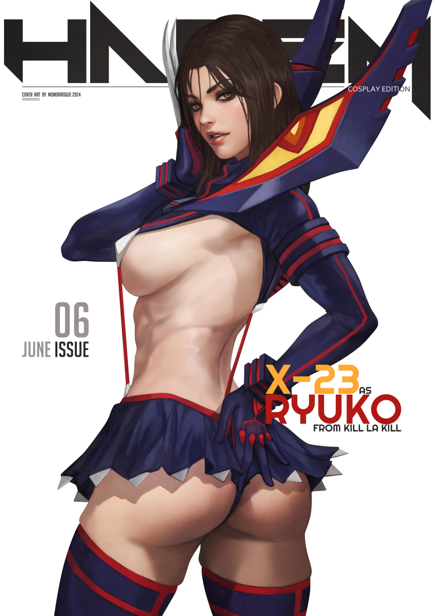 1girl 2024 absurdres artist_name ass breasts brown_hair character_name commentary copyright_name cosplay english_commentary highres june kamui_(kill_la_kill) kill_la_kill life_fiber living_clothes long_hair marvel matoi_ryuuko matoi_ryuuko_(cosplay) monori_rogue revealing_clothes senketsu solo suspenders x-23 x-men