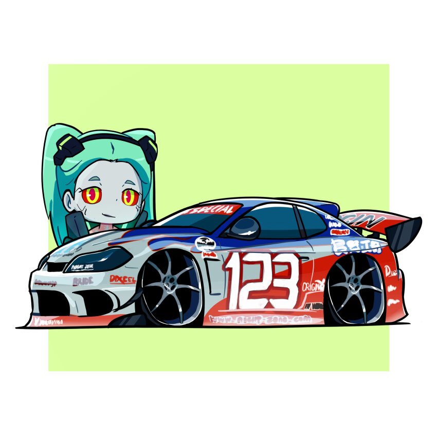 1girl absurdres border bride_(brand) car colored_sclera commentary cyberpunk_(series) cyberpunk_edgerunners duz english_commentary green_background green_eyes green_hair hair_behind_ear highres looking_at_viewer motor_vehicle nissan nissan_silvia nissan_silvia_s15 outside_border race_vehicle racecar rebecca_(cyberpunk) red_pupils red_sclera smile spoiler_(automobile) sports_car twintails vehicle_focus white_border