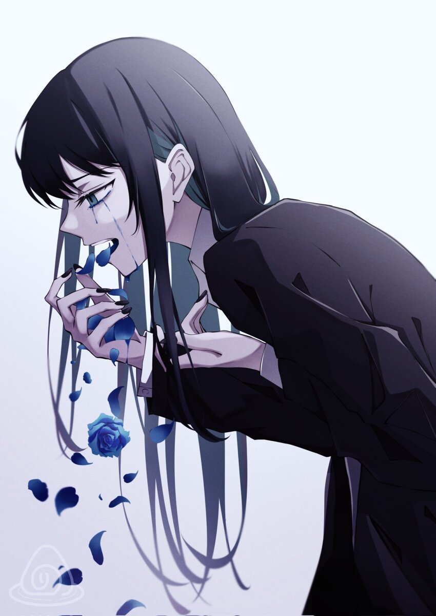 1girl ado_(utaite) black_coat black_hair black_nails blue_eyes blue_flower blue_hair blue_rose chando_(ado) coat colored_inner_hair colored_tears coughing_flowers flower grey_background highres long_hair multicolored_hair nail_polish nori_(norinori_yrl) rose solo upper_body