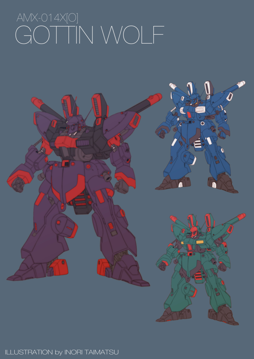 absurdres character_name color_variation commentary_request derivative_work doven_wolf english_text fusion gottin_wolf grey_background gun gundam gundam_mk_v gundam_sentinel gundam_zz highres inori_taimatsu machine_gun mecha mecha_focus no_humans original qubeley redesign robot science_fiction signature weapon zeta_gundam