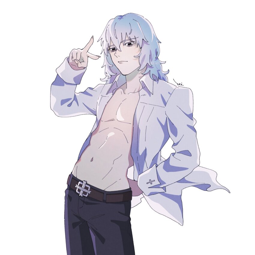 1boy arm_behind_back belt black_pants brown_belt collared_shirt cosplay floating_clothes hashikko69 highres looking_at_viewer male_focus medium_hair michael_roa_valdamjong michael_roa_valdamjong_(cosplay) open_clothes open_shirt pants pectorals shirt sleeve_cuffs toned toned_male tsukihime tsukihime_(remake) upper_body v vampire vlov_arkhangel white_hair white_shirt