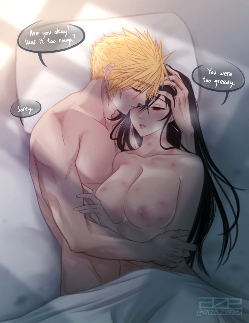 1boy absurdres aftersex artist_name azezazel bed_sheet black_hair blonde_hair breasts cloud_strife couple cuddling earrings english_text final_fantasy final_fantasy_vii final_fantasy_vii_remake hand_on_another&#039;s_head hetero hickey highres indoors jewelry large_breasts lips long_hair looking_at_another lying nipples nude on_back parted_lips pillow red_eyes speech_bubble spiked_hair square_enix sunlight text_focus tifa_lockhart twitter_username under_covers