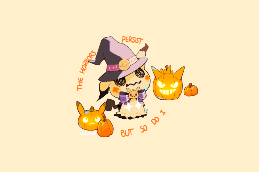 blush bow commentary english_commentary english_text gen_7_pokemon hat highres jack-o&#039;-lantern mimikyu nintendo no_humans pokemon pokemon_(creature) purple_bow purple_headwear sugahri witch_hat