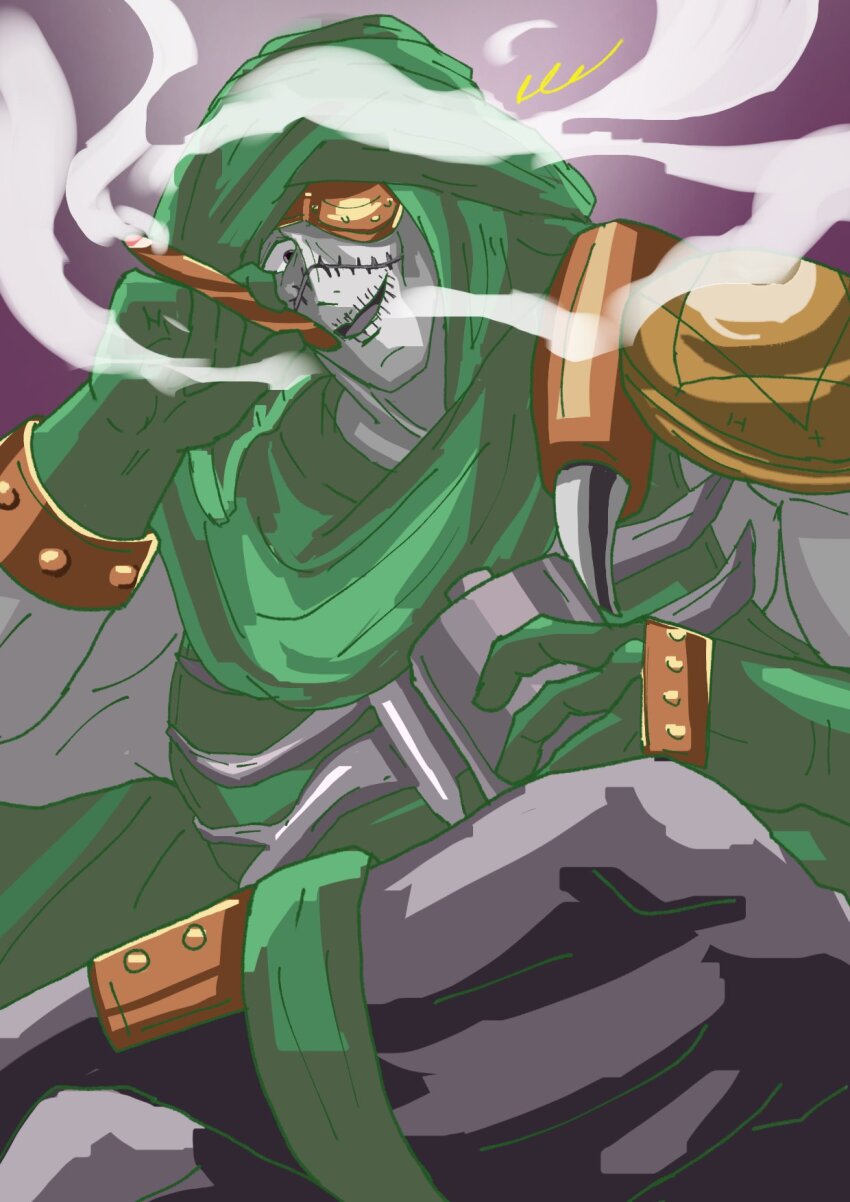 1boy armor artist_request bone_cold gloves highres kinnikuman kinnikuman_nisei looking_at_viewer manly monster_boy muscular scar shaded_face sitting smile smoking solo upper_body zombie