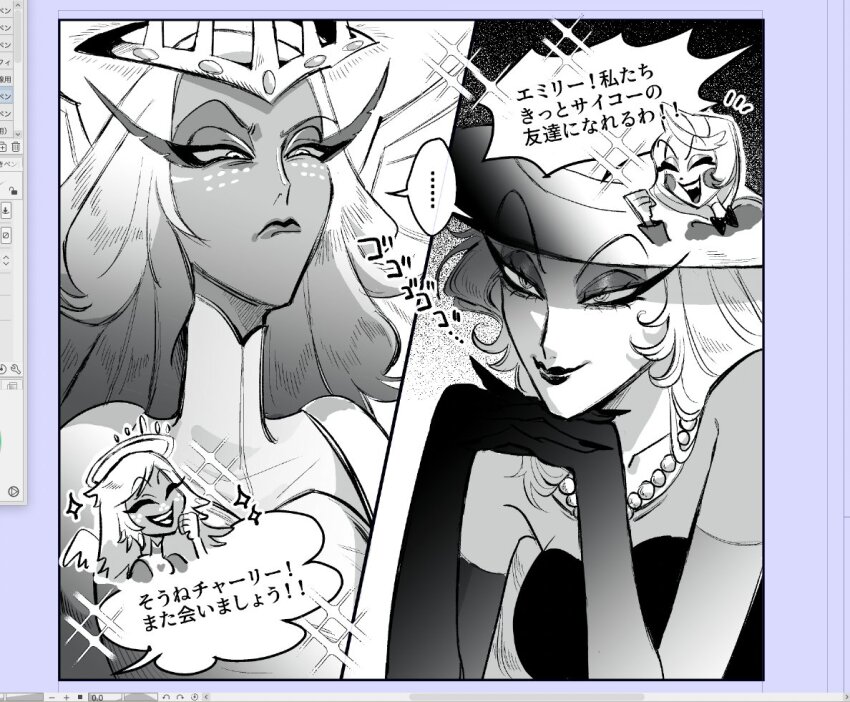 4girls angel charlie_morningstar dark-skinned_female dark_skin demon_girl dress emily_(hazbin_hotel) greyscale hazbin_hotel horns lilith_(hazbin_hotel) monochrome multiple_girls sera_(hazbin_hotel) syokup white_dress