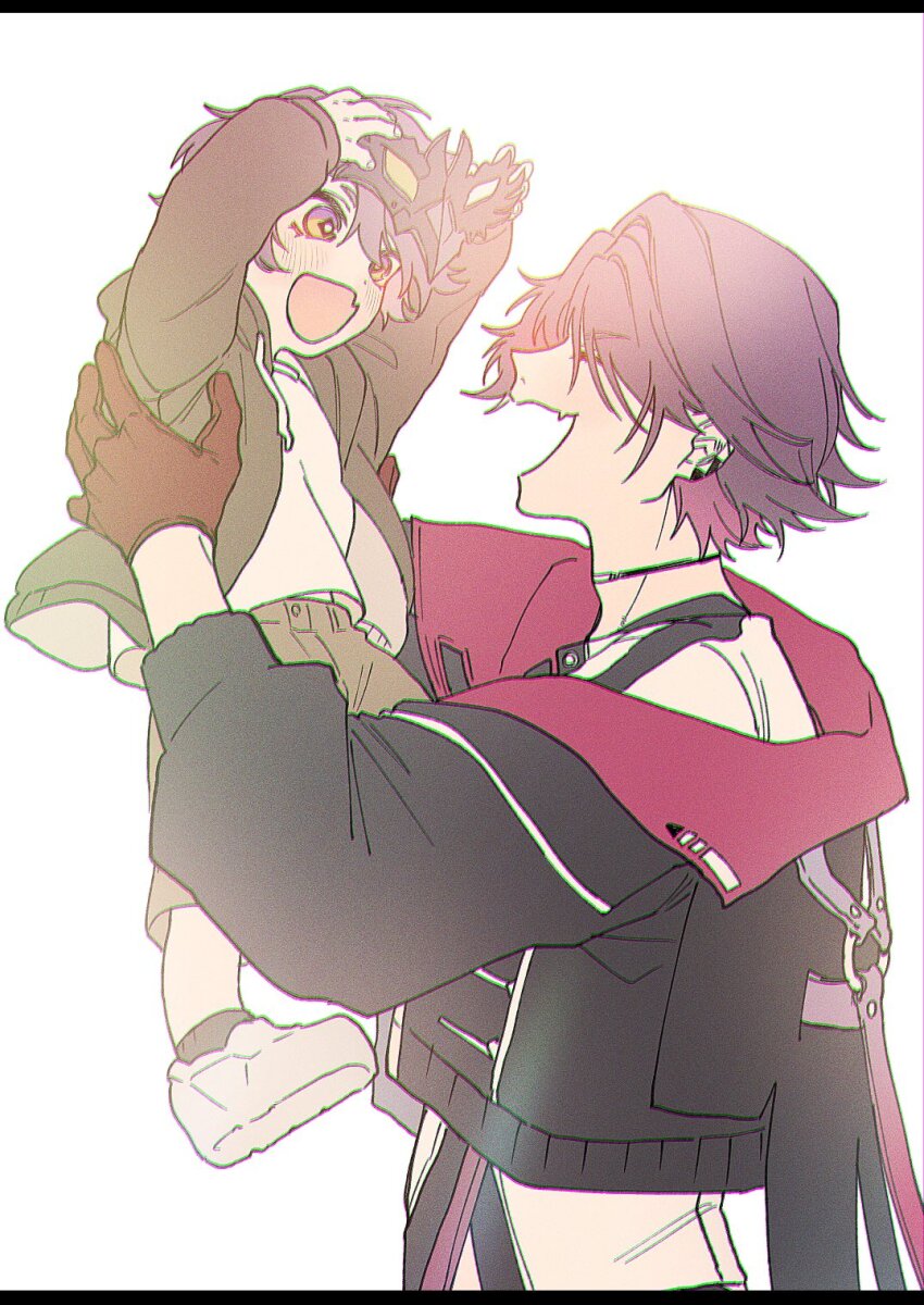2boys :d ^_^ aged_down arms_up black_choker black_hoodie black_jacket black_socks brown_shorts child choker chromatic_aberration closed_eyes commentary_request drawstring dual_persona ear_piercing eye_mask fang gloves hair_intakes happy highres holding holding_mask hood hoodie jacket kaburagi_(pnoir087) lifting_person long_sleeves looking_at_another male_focus mask multicolored_eyes multicolored_hair multiple_boys nijisanji open_clothes open_hoodie open_jacket open_mouth parted_bangs piercing pink_hair profile puffy_long_sleeves puffy_sleeves purple_eyes purple_hair red_gloves shirt shoes short_hair shorts simple_background skin_fang smile socks time_paradox two-tone_eyes two-tone_hair unworn_mask upper_body v-shaped_eyebrows virtual_youtuber watarai_hibari watarai_hibari_(1st_costume) white_background white_shirt white_shoes yellow_eyes