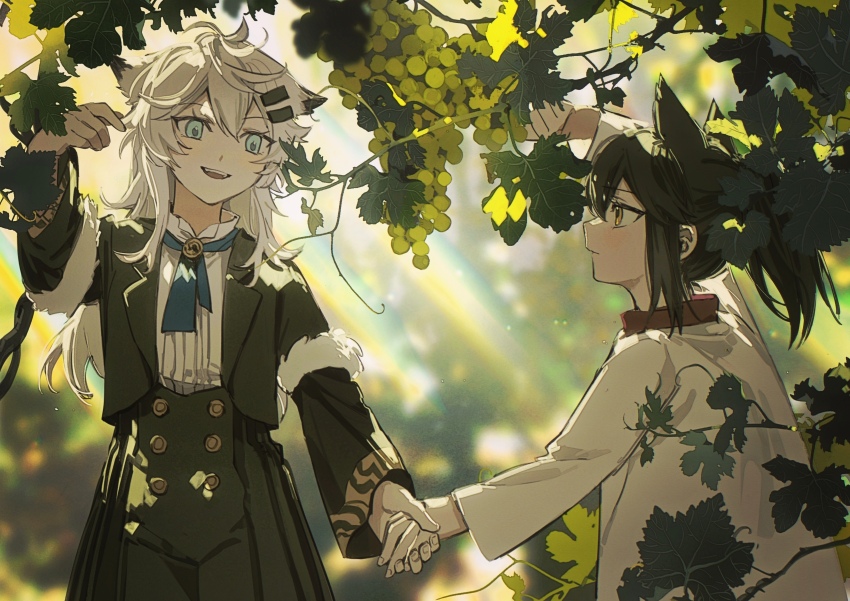 2girls :d absurdres animal_ears aqua_eyes arknights arm_up black_hair branch chinese_commentary closed_mouth commentary_request day eye_contact hair_ornament hairclip highres holding_hands lappland_(arknights) leaf lens_flare light_particles long_hair long_sleeves looking_at_another multiple_girls open_mouth outdoors plant profile short_hair smile sunlight texas_(arknights) vines white_hair wolf_ears wolf_girl yanfenguo_gao yellow_eyes