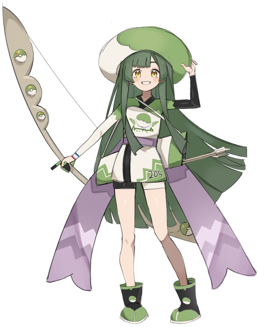 1girl absurdres adapted_costume arrow_(projectile) bike_shorts blunt_bangs blunt_ends blush_stickers boots bow_(weapon) commentary_request food-themed_hat full_body gloves green_hair grin hand_on_headwear highres hime_cut hiragi_sage holding holding_bow_(weapon) holding_weapon index_finger_raised japanese_clothes kimono long_hair long_sleeves looking_at_viewer multicolored_kimono nintendo partially_fingerless_gloves poke_ball pokemon pokemon_swsh purple_sash quiver sash short_kimono shoulder_strap simple_background single_glove smile solo standing touhoku_zunko very_long_hair voiceroid weapon white_background yellow_eyes zunda_mochi