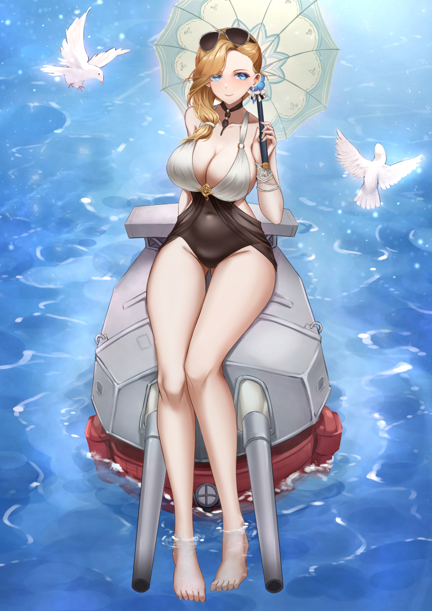 1girl absurdres azur_lane bare_legs bare_shoulders bird black_choker blonde_hair blue_eyes blue_flower breasts casual_one-piece_swimsuit chinese_commentary choker cleavage closed_mouth collarbone commentary_request covered_navel day dove earrings eyewear_on_head feet flower full_body hair_flower hair_ornament hair_over_shoulder highres holding holding_umbrella hood_(azur_lane) hood_(lady_of_the_shining_sun)_(azur_lane) jewelry large_breasts layered_swimsuit legs legs_together medium_hair official_alternate_costume one-piece_swimsuit open_umbrella outdoors ship_turret sitting smile soaking_feet solo sunglasses swept_bangs swimsuit thigh_strap thighs toenails toes umbrella water white_background wo_de_jin_sun