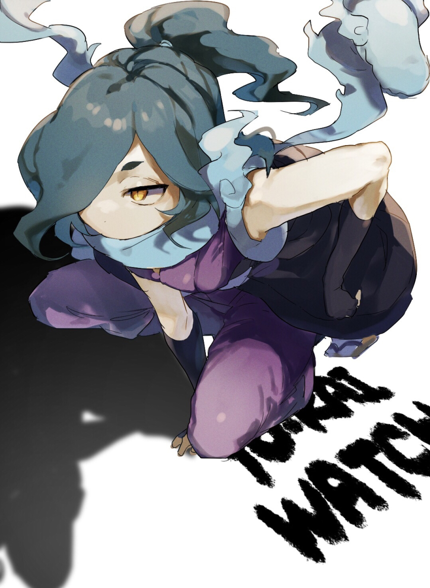 blue_hair highres kmnk_(kumanuko) narrowed_eyes orochi_(youkai_watch) ponytail yellow_eyes youkai_watch