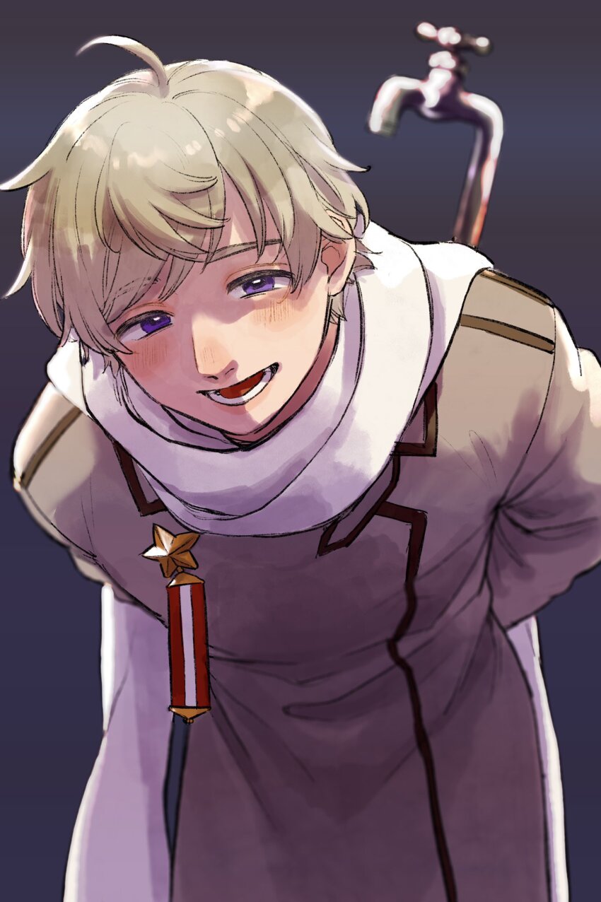 1boy arms_behind_back axis_powers_hetalia blonde_hair blush coat collared_coat commentary_request cowboy_shot grey_coat highres holding holding_lead_pipe lead_pipe long_sleeves looking_at_viewer male_focus medal non0v0_aph open_mouth purple_background purple_eyes russia_(hetalia) scarf short_hair simple_background smile solo standing star_ornament teeth white_scarf