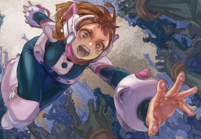 1girl absurdres boku_no_hero_academia brown_eyes brown_hair clone highres open_mouth reaching solo_focus uraraka_ochako yomoyama_yotabanashi