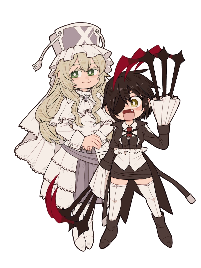 2girls :d absurdres arm_at_side black_footwear black_hair black_jacket black_skirt blonde_hair boots buttons cantaurus closed_mouth collared_shirt cropped_jacket dot_nose dress eyepatch fang frilled_headwear frilled_sleeves frills full_body green_eyes grey_gemstone grey_skirt hair_between_eyes hand_up hat highres jacket kure_kirika layered_dress long_hair long_skirt long_sleeves looking_at_viewer magical_girl mahou_shoujo_madoka_magica mahou_shoujo_oriko_magica mikuni_oriko multiple_girls necktie open_mouth own_hands_together pleated_skirt poncho red_necktie shirt short_hair sidelocks simple_background skirt sleeve_cuffs smile standing swept_bangs thighhighs very_long_sleeves wavy_hair weapon_request white_background white_dress white_footwear white_headwear white_shirt white_thighhighs