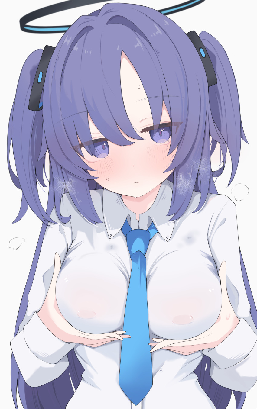 1girl absurdres black_halo blue_archive blue_eyes blue_hair blue_necktie blush breasts collared_shirt covered_erect_nipples grabbing_own_breast halo highres long_hair long_sleeves looking_at_viewer medium_breasts necktie nui_(nuinui0300) shirt solo two_side_up upper_body white_shirt yuuka_(blue_archive)