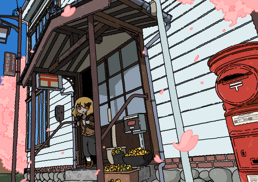 1girl absurdres backpack bag blonde_hair brown_jacket brown_shoes building cherry_blossoms day emesan_desu grey_pants highres holding_strap jacket japanese_cylindrical_postbox long_sleeves looking_at_viewer medium_hair orange_eyes original pants post_office postbox_(outgoing_mail) scenery shoes solo spring_(season) standing