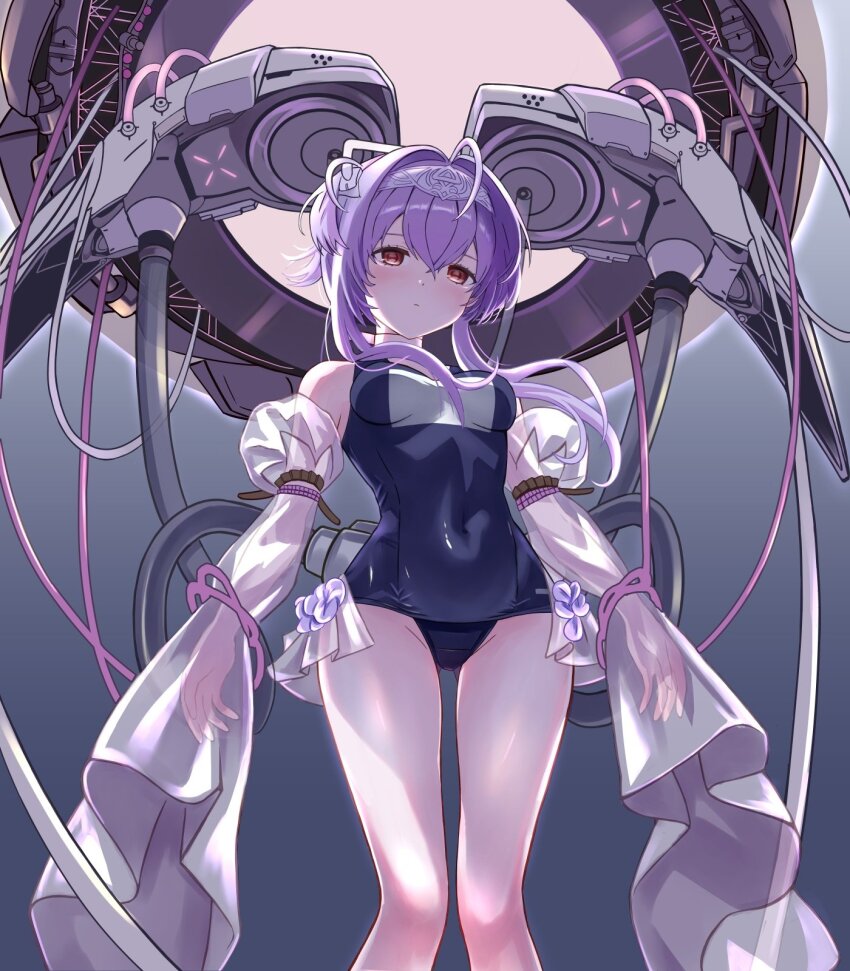 1girl blue_one-piece_swimsuit breasts covered_navel detached_sleeves frilled_skirt frills goddess_of_victory:_nikke headband highleg highleg_leotard highres leotard liberalio_(nikke) lunati_nikke machinery medium_breasts one-piece_swimsuit pantyhose purple_hair red_eyes short_hair short_hair_with_long_locks skirt solo swimsuit tube very_long_sleeves white_pantyhose white_skirt