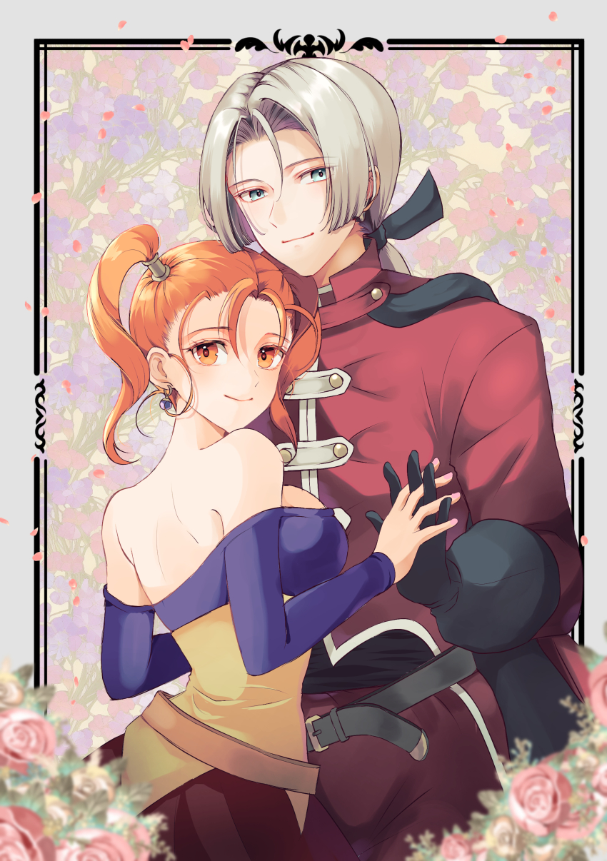 1boy 1girl absurdres bare_shoulders black_bow black_capelet black_gloves blue_border blue_eyes blurry blurry_foreground border bow breasts c-diamond capelet closed_mouth commentary_request couple depth_of_field dragon_quest dragon_quest_viii dress earrings falling_petals flower gloves hair_bow hair_tubes hetero highres holding_hands interlocked_fingers jessica_albert jewelry kukuru_(dq8) large_breasts looking_at_viewer looking_back low_ponytail orange_eyes orange_hair pants parted_hair petals pink_flower pink_rose ponytail red_capelet red_pants rose smile sphere_earrings twintails two-sided_capelet white_hair yellow_corset