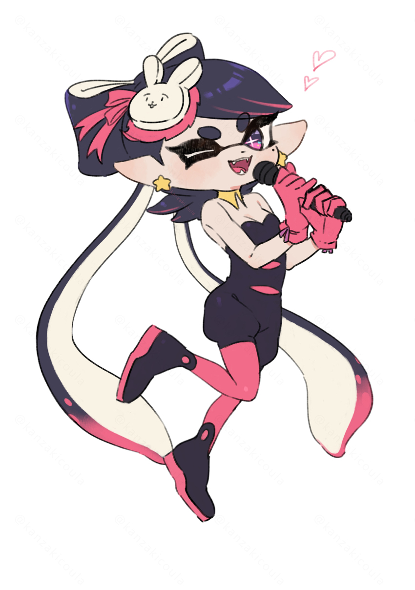 1girl :3 ankle_boots bare_shoulders black_boots black_hair black_jumpsuit boots bow bow-shaped_hair breasts callie_(splatoon) callie_(squid_sisters_outfit)_(splatoon) cleavage commentary_request coula_cat cross-shaped_pupils detached_collar earrings fangs gloves grin hair_bow hair_ornament heart highres jewelry jumpsuit long_hair looking_at_viewer multicolored_hair nintendo one_eye_closed open_mouth pantyhose pink_bow pink_gloves pink_hair pink_pantyhose purple_eyes short_jumpsuit simple_background small_breasts smile solo splatoon_(series) star_(symbol) star_earrings strapless_jumpsuit swept_bangs symbol-shaped_pupils tentacle_hair thick_eyebrows two-tone_hair very_long_hair white_background yellow_collar