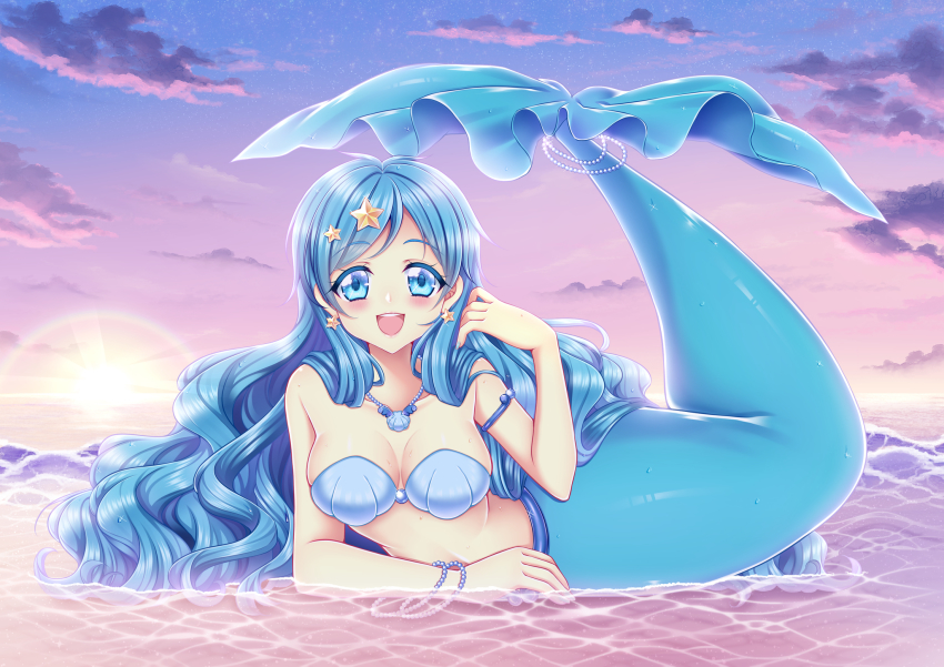 1girl :d arm_support bare_shoulders bikini blue_eyes blue_hair blush bracelet breasts cleavage cloud collarbone commentary_request earrings full_body glint gradient_sky hair_ornament hand_up highres houshou_hanon houshou_hanon_(mermaid) jewelry lens_flare long_hair looking_at_viewer lying medium_breasts mermaid mermaid_melody_pichi_pichi_pitch monster_girl necklace ocean on_stomach open_mouth outdoors pearl_bracelet pearl_necklace shell shell_bikini shell_necklace shirato_sayuri sidelocks signature sky smile solo star_(symbol) star_earrings star_hair_ornament stomach sunset tail tail_ornament tail_raised teeth upper_teeth_only very_long_hair wavy_hair