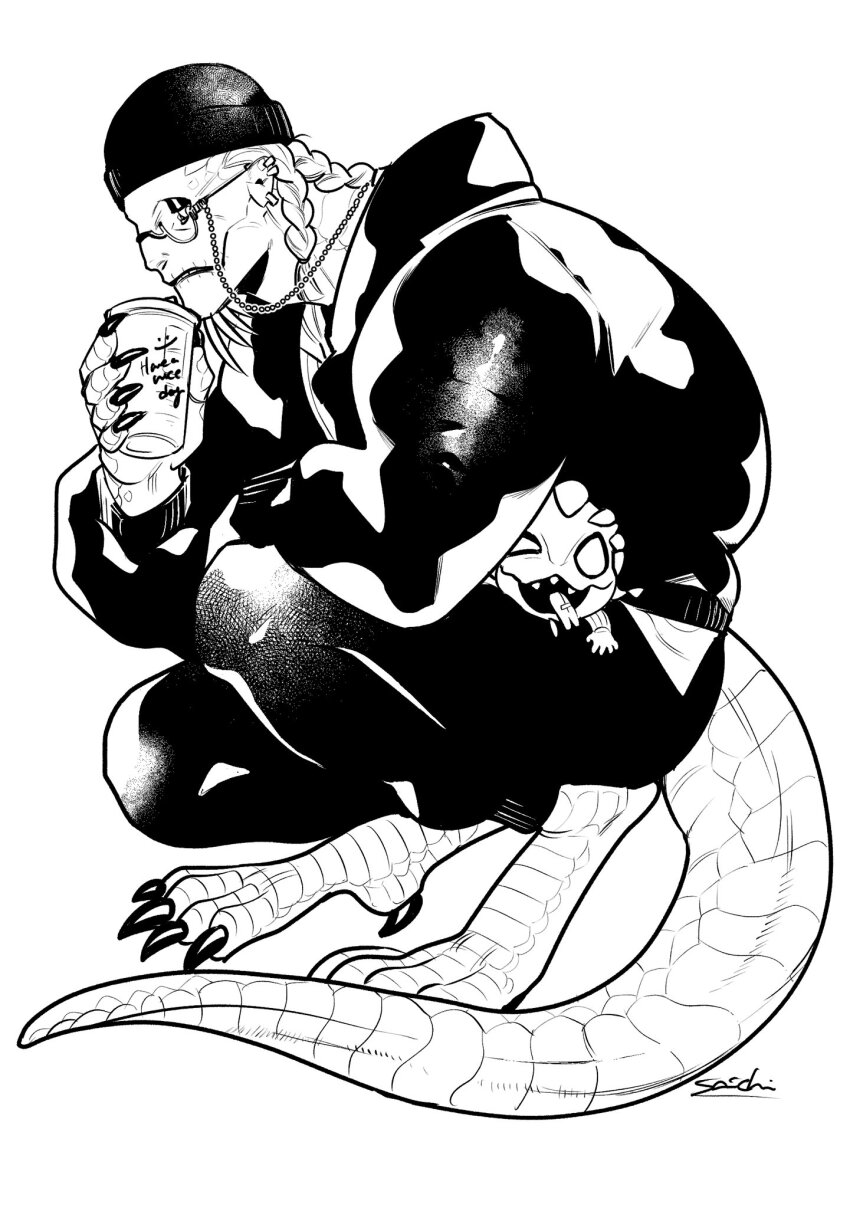 2boys animal_feet braid claws closed_mouth cup digitigrade disposable_coffee_cup disposable_cup ear_piercing full_body glasgow_smile greyscale hand_up high_contrast highres holding holding_cup hood hooded_jacket identity_v jacket lizard_tail long_sleeves looking_at_viewer luchino_(identity_v) male_focus mini_evil_reptilian monochrome multiple_boys piercing reptile_boy saichiidv scales short_hair signature simple_background solo squatting tail white_background
