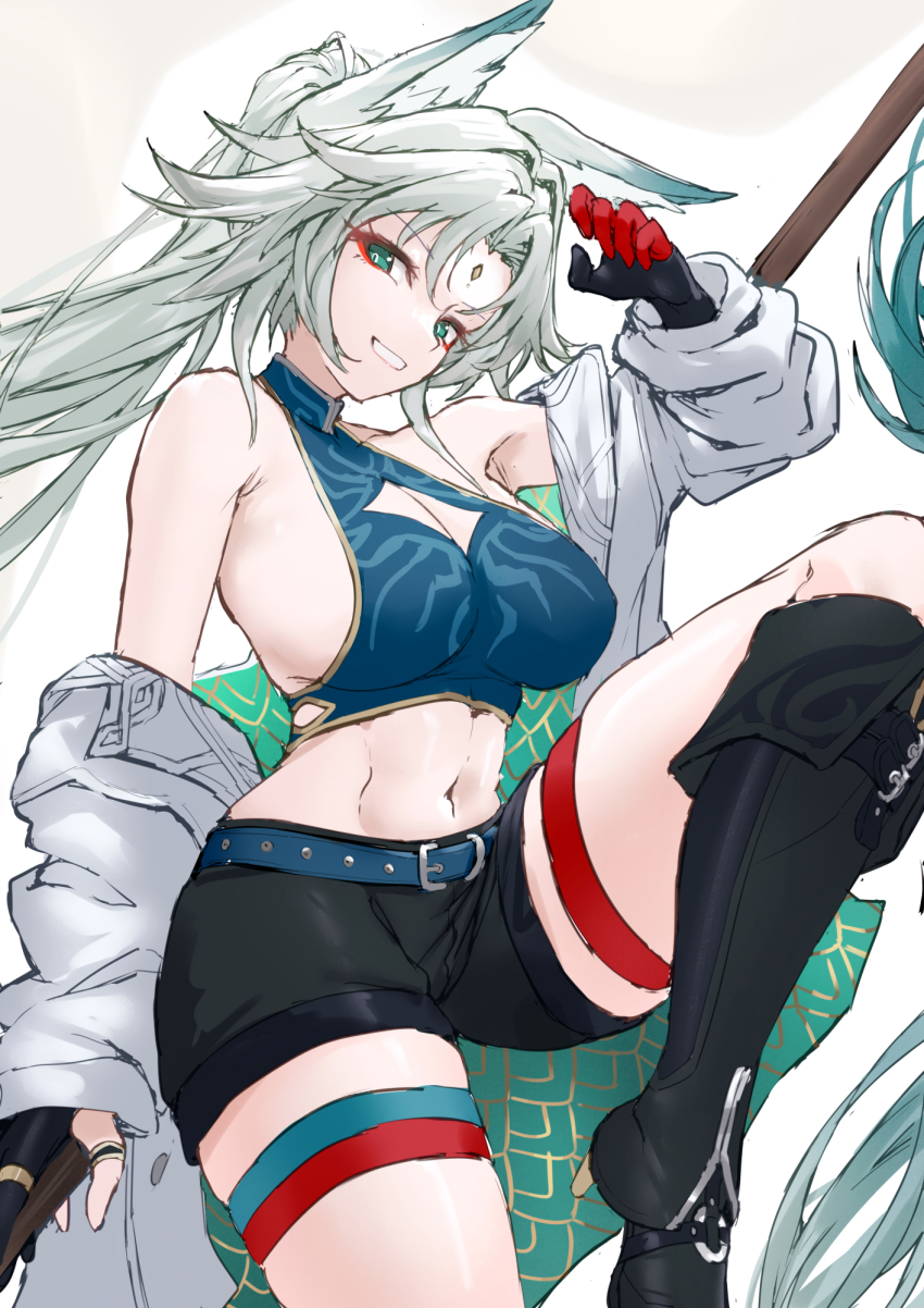 1girl animal_ear_fluff animal_ears black_boots black_shorts boots breasts commentary_request crop_top feixiao_(honkai:_star_rail) forehead_jewel fox_ears fox_girl grin highres honkai:_star_rail honkai_(series) jacket large_breasts long_hair midriff navel shorts sideboob smile solo thigh_strap thighs white_hair white_jacket xfate