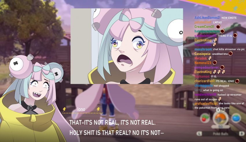 1girl blue_hair creatures_(company) deebyfeeby english_text game_freak game_screenshot_background highres iono_(pokemon) jacket jerma985 livestream meme meta multicolored_hair multiple_views nintendo omegalul_(meme) pink_hair pokemon pokemon_legends:_arceus pokemon_sv portrait sanpaku screenshot_background sharp_teeth subtitled tearing_up teeth twitch.tv two-tone_hair upper_body wall-eyed yellow_jacket