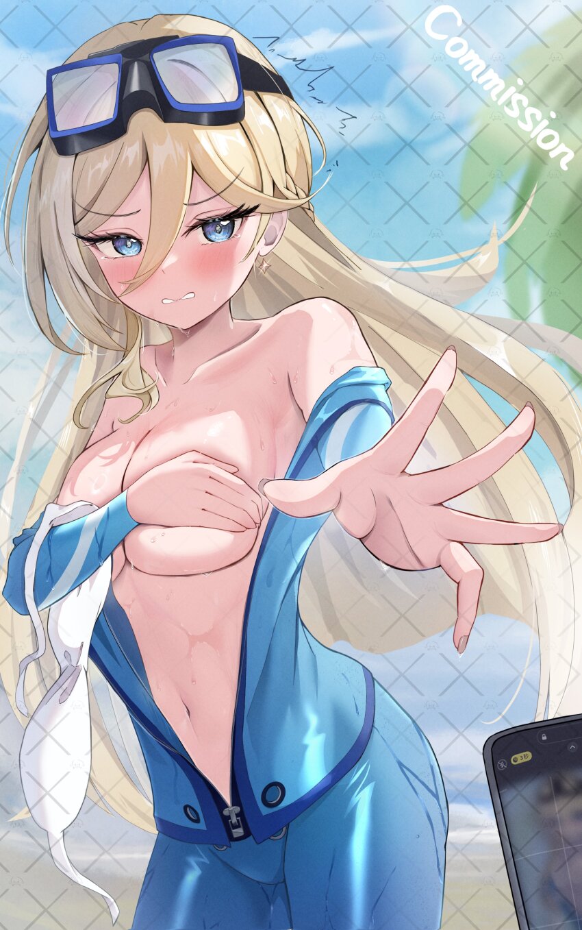 1girl 1other absurdres blonde_hair blue_eyes blue_jacket blue_pants blush breasts clenched_teeth commentary commission covering_breasts covering_privates durandal_(honkai_impact) durandal_(summer_2022)_(honkai_impact) embarrassed english_commentary goggles goggles_on_head highres holding holding_swimsuit holding_unworn_clothes honkai_(series) honkai_impact_3rd jacket large_breasts long_hair midriff navel night_known official_alternate_costume pants swimsuit teeth unworn_swimsuit unzipped very_long_hair