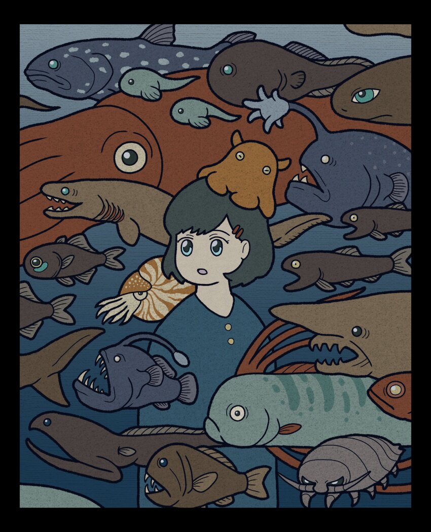 1girl absurdres animal animal_request barracuda black_border blue_jacket bob_cut border coelacanth commentary eel fish fish_request giant_squid hair_ornament hairclip highres jacket looking_to_the_side monkfish nautilus_(animal) no_nose oarfish ocean octopus open_mouth original short_hair taiyo_sun_sun underwater