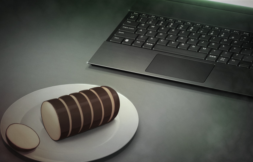 absurdres chaos;child cheese computer computer_keyboard food from_above game_cg ham highres laptop monitor no_humans non-web_source official_art plate sasaki_mutsumi screen_light table
