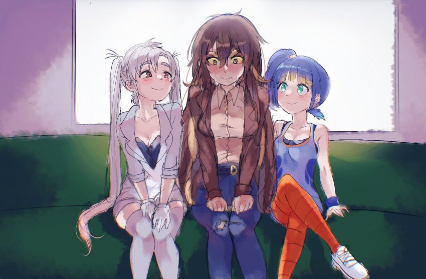 3girls blue_hair blush brown_hair bugs_bunny crossed_legs genderswap genderswap_(mtf) gloves grey_hair highres himuhino humanization looney_tunes messy_hair multiple_girls pantyhose parody road_runner_(looney_tunes) shoes side_ponytail sneakers thighhighs twintails wile_e_coyote yuri