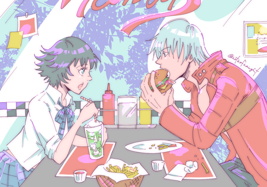 1boy 1girl allie_(united_f) artist_name black_hair burger coat dante_(devil_may_cry) devil_may_cry devil_may_cry_(series) devil_may_cry_3 eating food french_fries holding holding_burger holding_food lady_(devil_may_cry) plate pleated_skirt red_coat school_uniform shirt sitting skirt table white_hair white_shirt