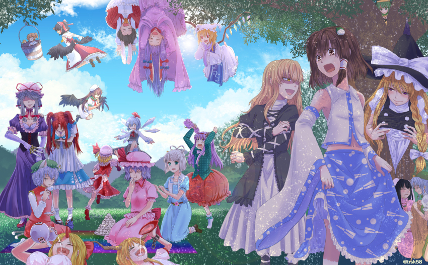 &gt;_&lt; 6+girls alternate_costume alternate_hairstyle angry animal_ears bad_id bad_pixiv_id bare_shoulders beret black_hair blonde_hair blue_hair blue_ribbon blue_skirt blurry bob_cut bow braid breast_conscious breasts brown_eyes brown_hair bubble_skirt bucket bursting_breasts cat_ears chen chen_(cosplay) chinese_clothes cirno cleavage clenched_hand closed_eyes cloud cloudy_sky corset cosplay costume_switch crystal day depth_of_field detached_sleeves dress elbow_gloves embarrassed fang feathered_wings fighting_stance flandre_scarlet flandre_scarlet_(cosplay) flying frog_hair_ornament gloves grass green_hair hair_between_eyes hair_bobbles hair_bow hair_ornament hair_ribbon hair_rings hair_tubes hakurei_reimu hakurei_reimu_(cosplay) hanging hat hat_ribbon hata_no_kokoro highres hijiri_byakuren himekaidou_hatate hong_meiling hong_meiling_(cosplay) horn_ornament horn_ribbon horns hoshiguma_yuugi hoshiguma_yuugi_(cosplay) houraisan_kaguya ibuki_suika ibuki_suika_(cosplay) inaba_tewi inaba_tewi_(cosplay) izayoi_sakuya japanese_clothes kaku_seiga kaku_seiga_(cosplay) kazami_yuuka kazami_yuuka_(cosplay) kemonomimi_mode kirisame_marisa kisume kisume_(cosplay) kochiya_sanae kochiya_sanae_(cosplay) komeiji_koishi konpaku_youmu large_breasts leaning_forward light_purple_hair long_hair long_sleeves looking_at_another looking_back looking_down looking_up mary_janes medicine_melancholy medium_breasts miko mob_cap mountain multiple_girls murasa_minamitsu murasa_minamitsu_(cosplay) navel no_wings onozuka_komachi onozuka_komachi_(cosplay) open_mouth outdoors outstretched_arms oversized_clothes parted_bangs patchouli_knowledge patchouli_knowledge_(cosplay) picnic pink_hair plaid_clothes plaid_shirt plaid_skirt plaid_vest ponytail puffy_short_sleeves puffy_sleeves purple_dress purple_eyes purple_hair rabbit_ears rainbow red_eyes red_hair red_ribbon red_skirt red_vest reisen_udongein_inaba remilia_scarlet remilia_scarlet_(cosplay) ribbon rumia rumia_(cosplay) running saigyouji_yuyuko seiza shaded_face shameimaru_aya shirt shoes short_hair short_ponytail short_sleeves short_twintails side_braid side_ponytail sidelocks silver_hair single_braid single_horn sitting skirt skirt_hold skirt_set sky sleeping sleeves_past_wrists small_breasts standing star_(symbol) su-san swept_bangs tabard tarosuke_(oriya) touhou tree tress_ribbon twin_braids twintails twitter_username under_tree undersized_clothes upside-down vest wavy_hair wavy_mouth white_gloves white_vest wide_sleeves wings yagokoro_eirin yakumo_ran yakumo_ran_(cosplay) yakumo_yukari yakumo_yukari_(cosplay) yellow_eyes