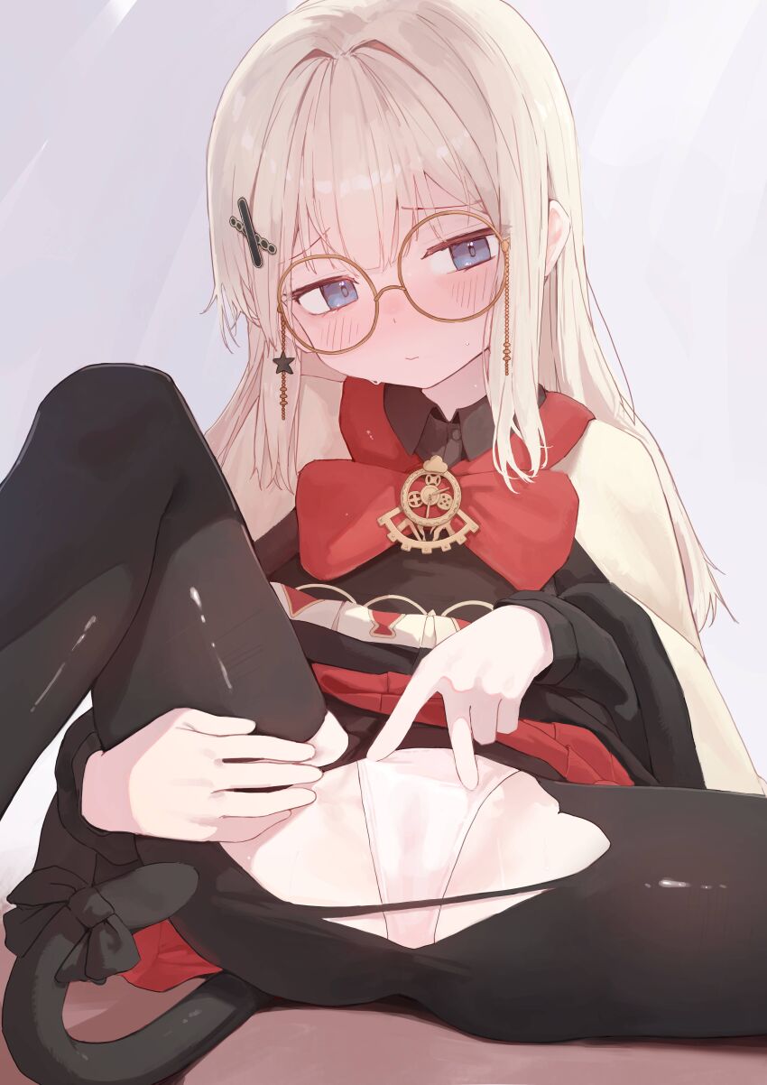 1girl absurdres artist_request black_dress black_pantyhose black_tail blonde_hair blue_eyes blush bow bowtie capelet cat_tail closed_mouth commentary_request commission dress eyewear_strap fur-trimmed_capelet fur-trimmed_dress fur_trim glasses hair_ornament highres knee_up korean_commentary long_hair long_sleeves looking_at_viewer original panties pantyhose red_bow red_bowtie red_skirt round_eyewear second-party_source shai_(black_desert) sitting skirt solo tail tail_bow tail_ornament torn_clothes torn_pantyhose underwear white_capelet white_panties x_hair_ornament